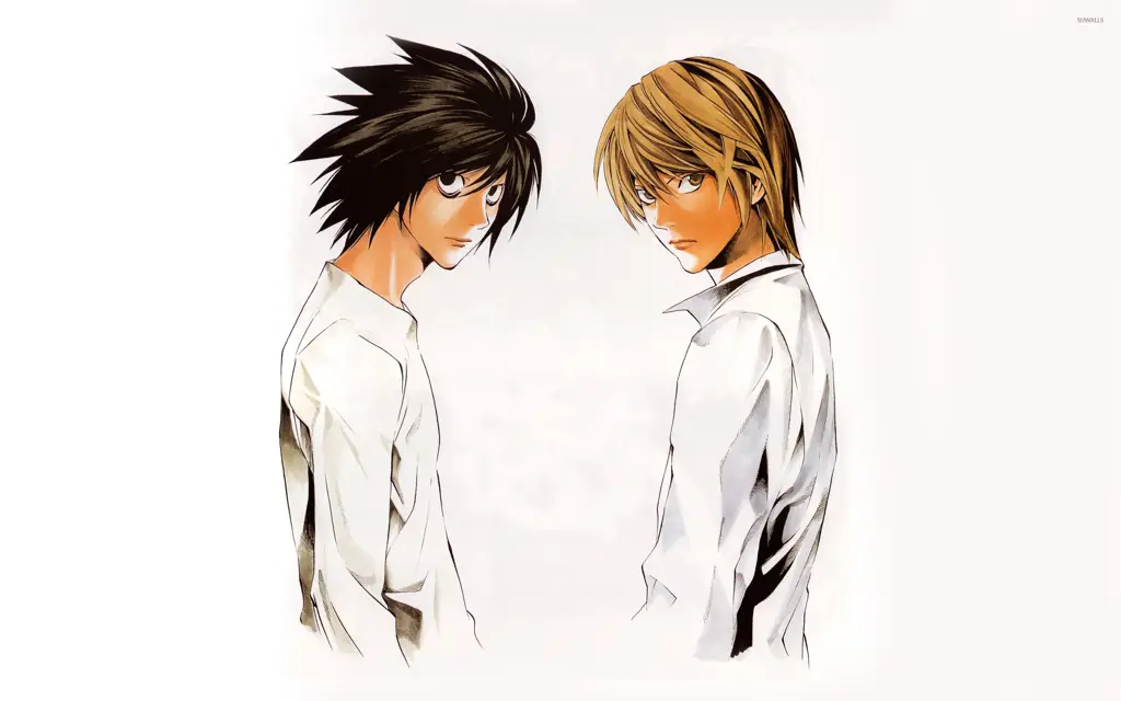 Tatapan Tajam Dua Jenius Gambar Light Yagami dan L sedang bertatapan